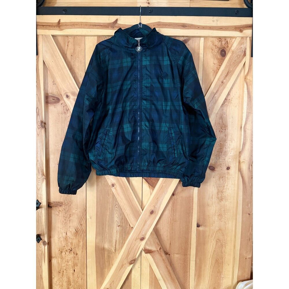 Vtg 90s Jerzees Nylon Black Watch Plaid Windbreaker Track Jacket Blue Green